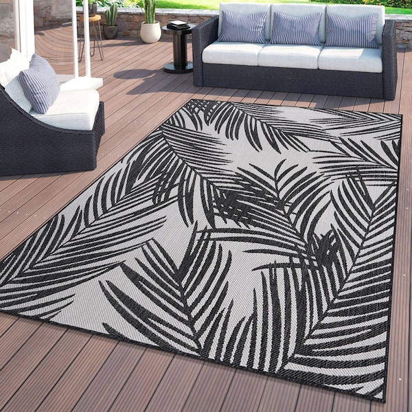 World Rug Gallery Contemporary Distressed Leaves Textured Flat Weave Indoor/Outdoor Area Rug 5' x 7' Black 117BLACK5X7 - main